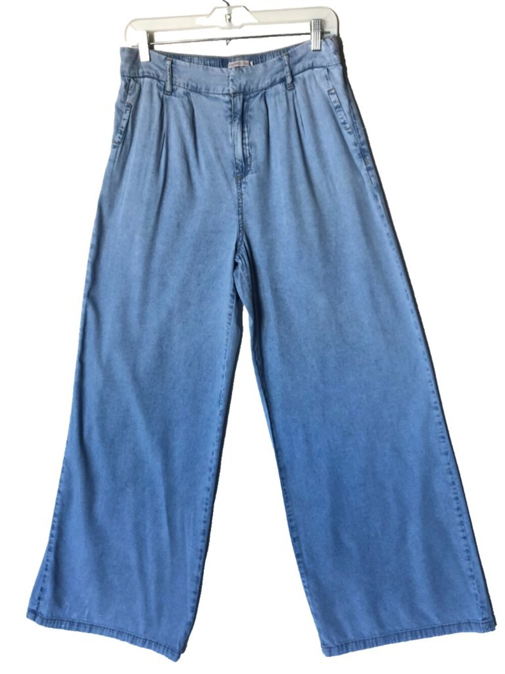 VTG Womens Pleated Front Stretch Waist Wide Leg Denim Trousers Light Wash 7/28
